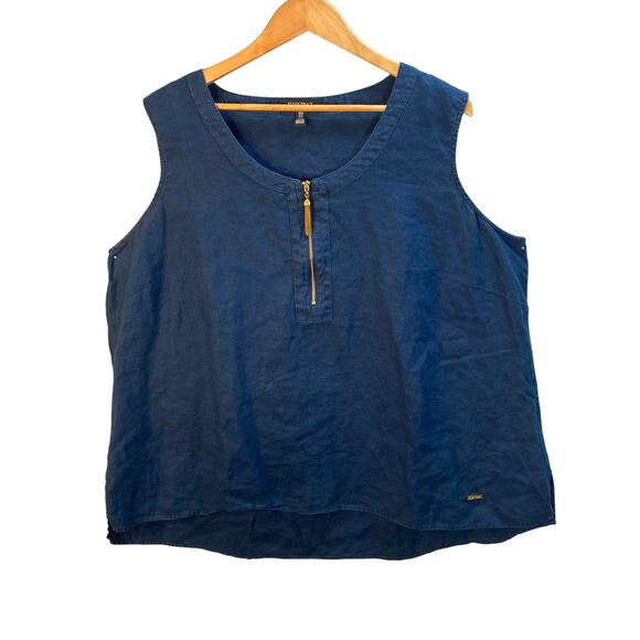 Ellen Tracy Top Sleeveless 3X Blue Linen Gold Tassel Zipper Coastal Lagenlook - Picture 1 of 14